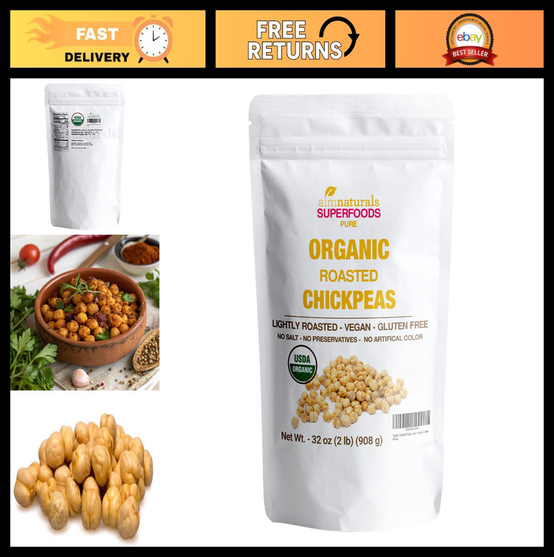 Organic Roasted Chickpeas 2 LB – Healthy Snack, USDA Organic, No Oil, Gluten Fre