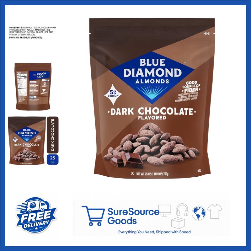 Dark Chocolate Flavored Almonds 25 Oz Resealable Bag Plant-Based Protein