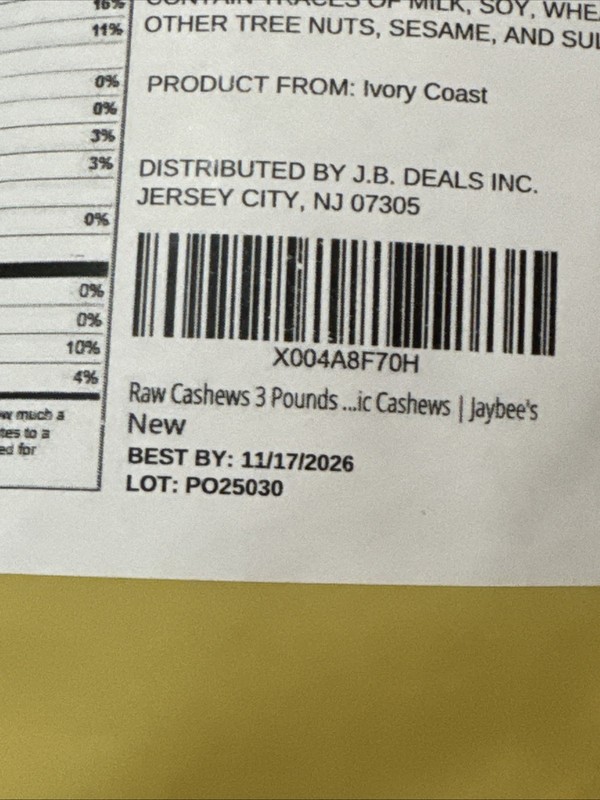 Jaybee’s Raw Deluxe Cashews Unsalted 6 Pound – Best By 11/17/2026 gallery