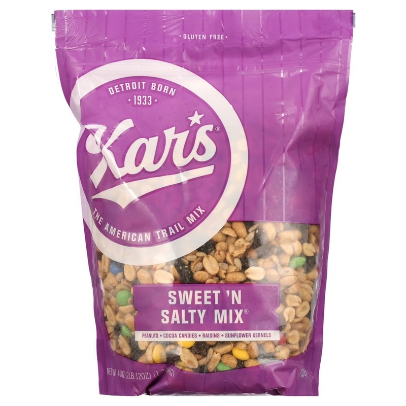 Kar’s Sweet ’n Salty Mix, 44 oz, Peanuts, Raisins, Cocoa Candies.