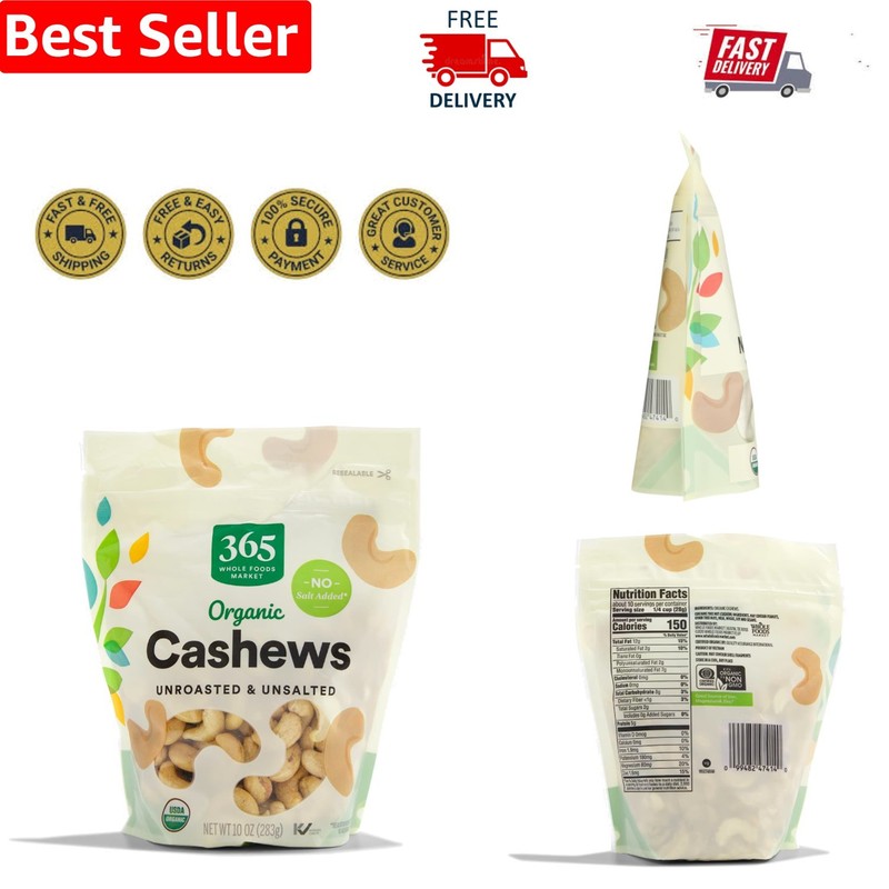 Resealable 10 Ounce Bag of Organic Cashews – Healthy, Nutritious, and Delicious