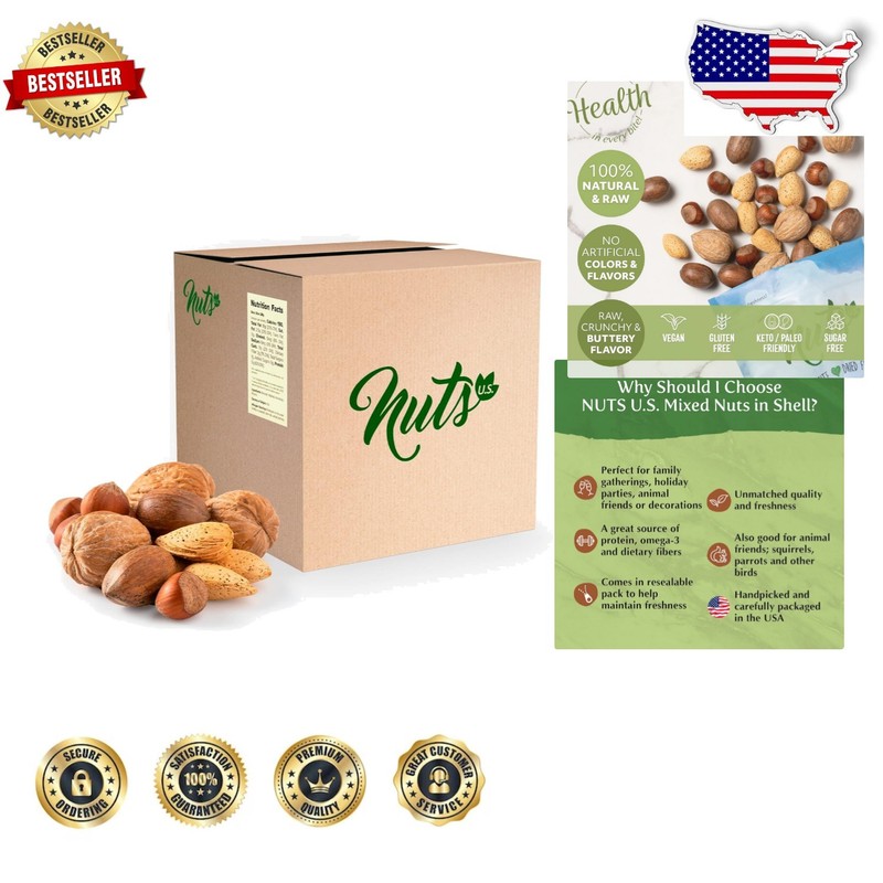 12lb Mixed Nuts In Shell – Jumbo Raw Almonds, Walnuts, Pecans, Hazelnuts