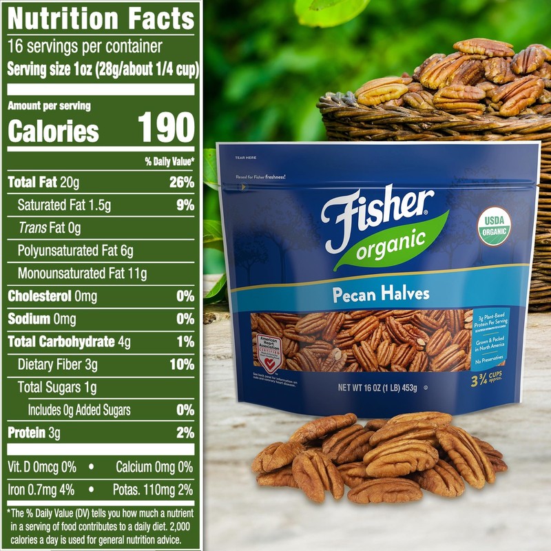 Fisher Organic Pecans Halves 16 oz, USDA Certified Organic, Unsalted Raw Peca... gallery
