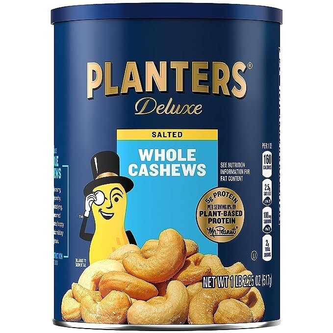 PLANTERS Deluxe Salted Whole Cashews, Party Snacks, Plant-Based Protein 18.25oz