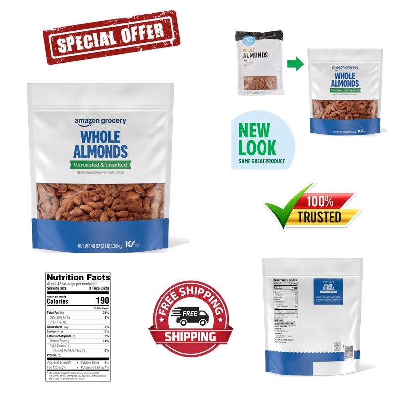 Whole Almonds 48 Oz – Unroasted, Unsalted, Ideal for Healthy Recipes & Snacks