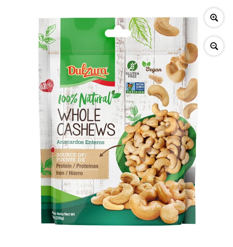 Dulzura Natural Whole Cashews 8oz Bag, Vegan, Gluten Free, NON-GMO