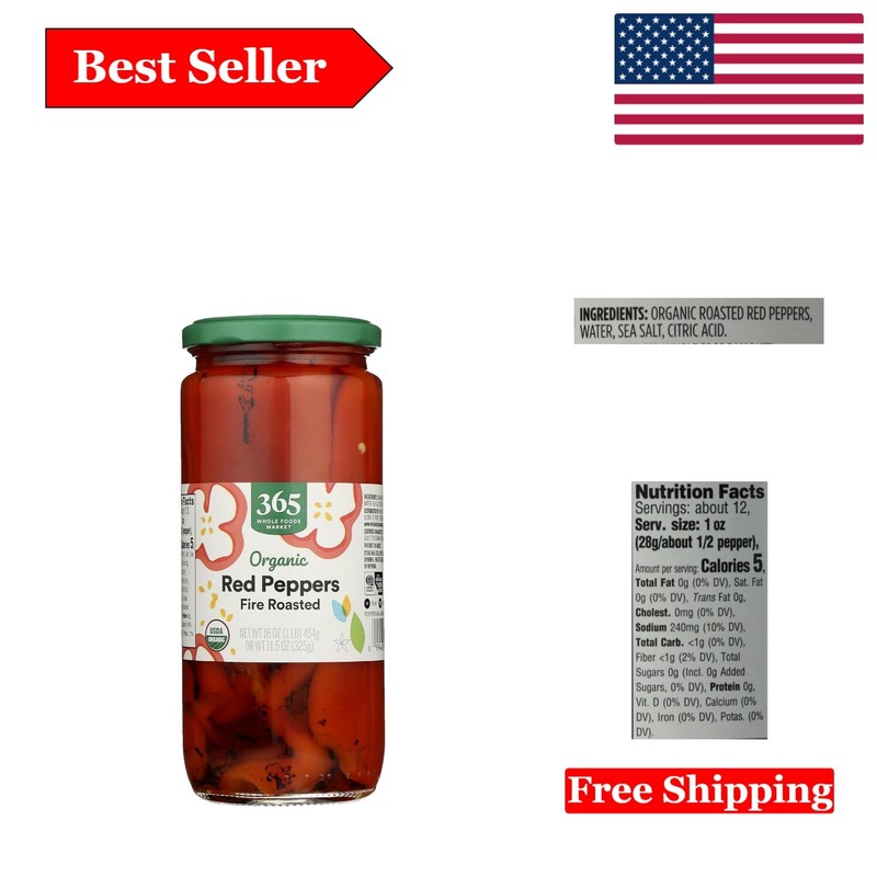 Organic Roasted Red Peppers 16oz - Fat-Free, All-Natural, Perfect for Sandwic...