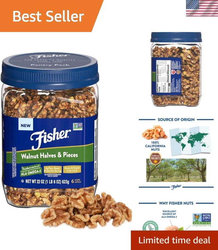 Fisher Walnut Halves & Pieces Pantry Pack PET 22 oz, 100% California Unsalted…
