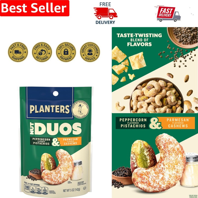 Indulgent 5 oz Nut Duos: Crunchy Peppercorn Pistachios & Creamy Parmesan Cashews