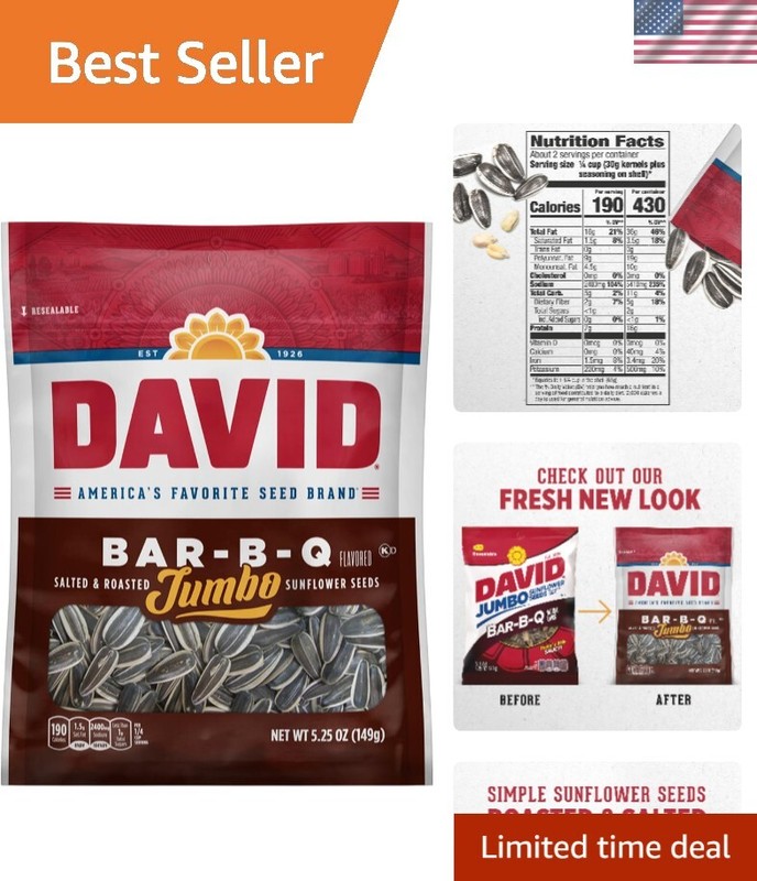 DAVID Roasted Bar-B-Q Jumbo Sunflower Seeds, 5.25 oz, 12 Pack - Gluten Free