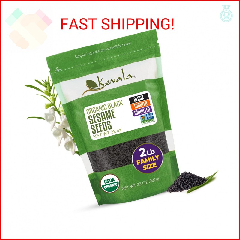 Kevala Organic Black Toasted Sesame Seeds - Unhulled Seeds for Baking and Cookin