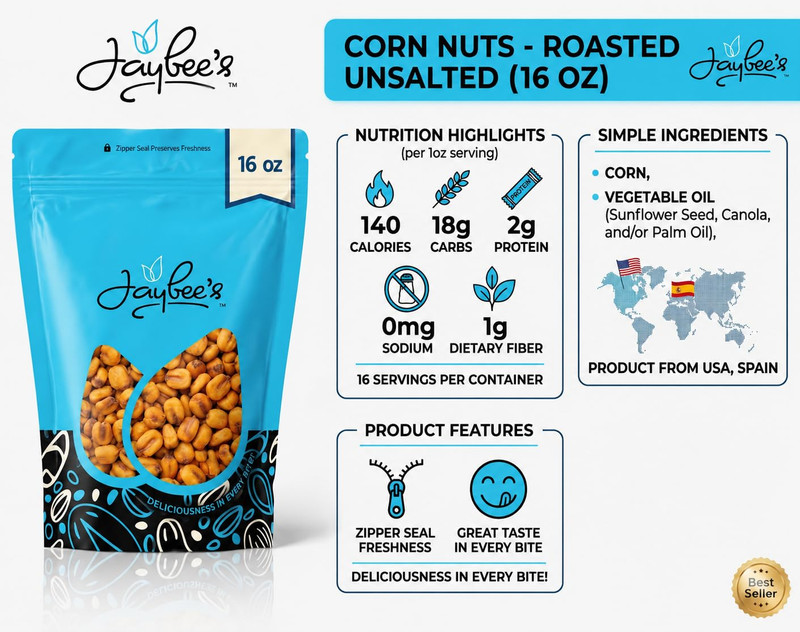 Jaybee’s Roasted Corn Nuts Unsalted 1 Pound - Crunchy Roasted Corn Snack, No Add gallery