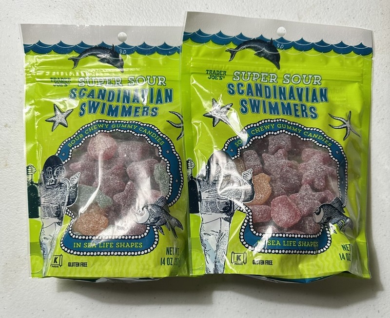 2 Pack Trader Joe’s Super Sour Scandinavian Swimmers Gummy Candy Fish 14oz ea