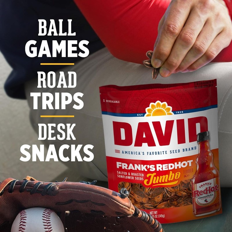 DAVID Frank's RedHot Salted & Roasted Jumbo Sunflower Seeds, 5.25-Ounce (6 Bags) gallery