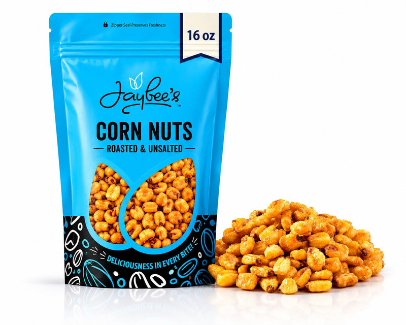 Jaybee’s Roasted Corn Nuts Unsalted 1 Pound – Crunchy Roasted Corn Snack, No Add