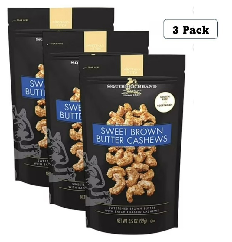 3-Pack Squirrel Brand Sweet Brown Butter Cashews 3.5oz Gluten-Free & Vegan