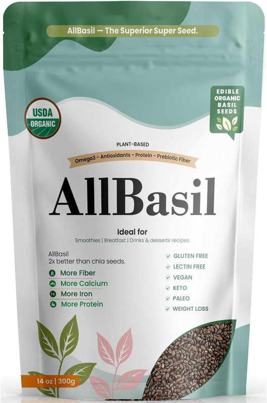 Edible All Basil Seeds 14oz | USDA Organic, Non-GMO, Kosher | High Fiber Superfo