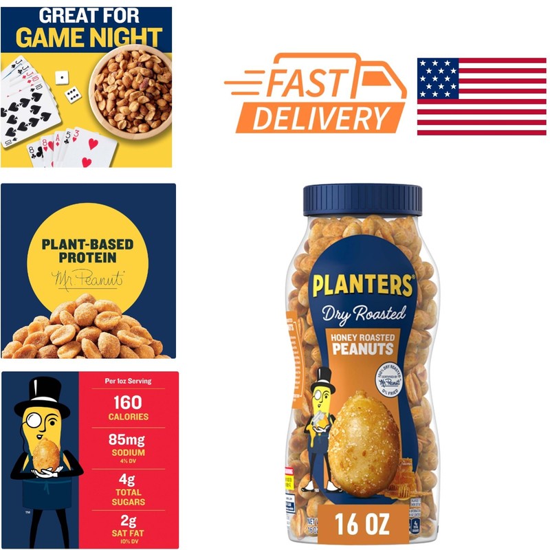 Dry Roasted Peanuts 16 Ounce Jar Plant Based Protein Snack for All Ages