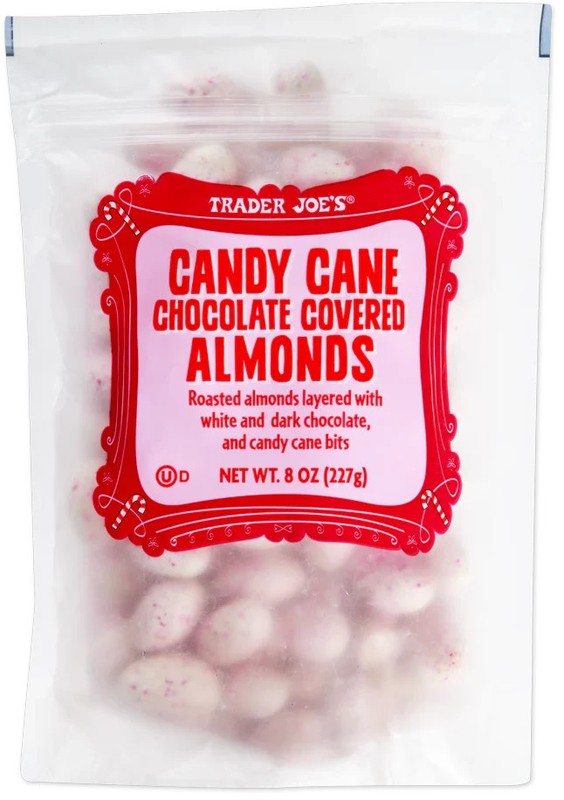 Trader Joe’s 8 oz CANDY CANE Chocolate Covered Almonds Limited Edition BB 9/2026