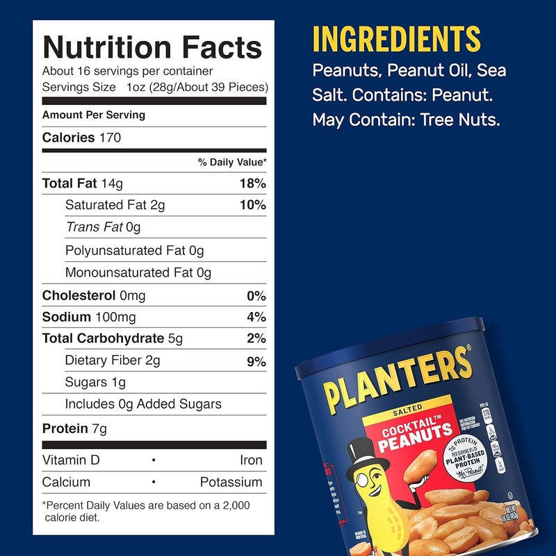 Salted Cocktail Peanuts, Party Snacks, Plant Based Protein 16Oz (1 Canister) gallery