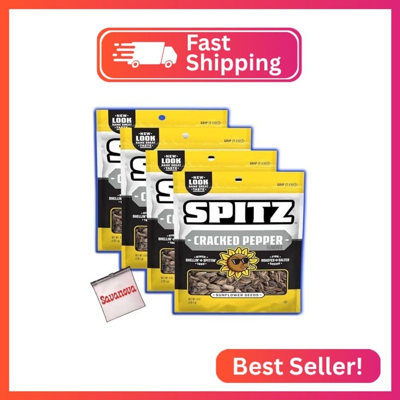 Spitz Cracked Pepper Sunflower Seeds, 6oz (4-Pack), Roasted, Salted Seeds