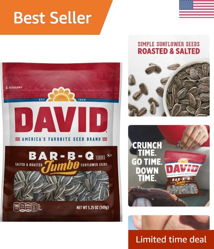DAVID Bar-B-Q Jumbo Sunflower Seeds, 12 Bags, Packed with 7g Protein & Flavor