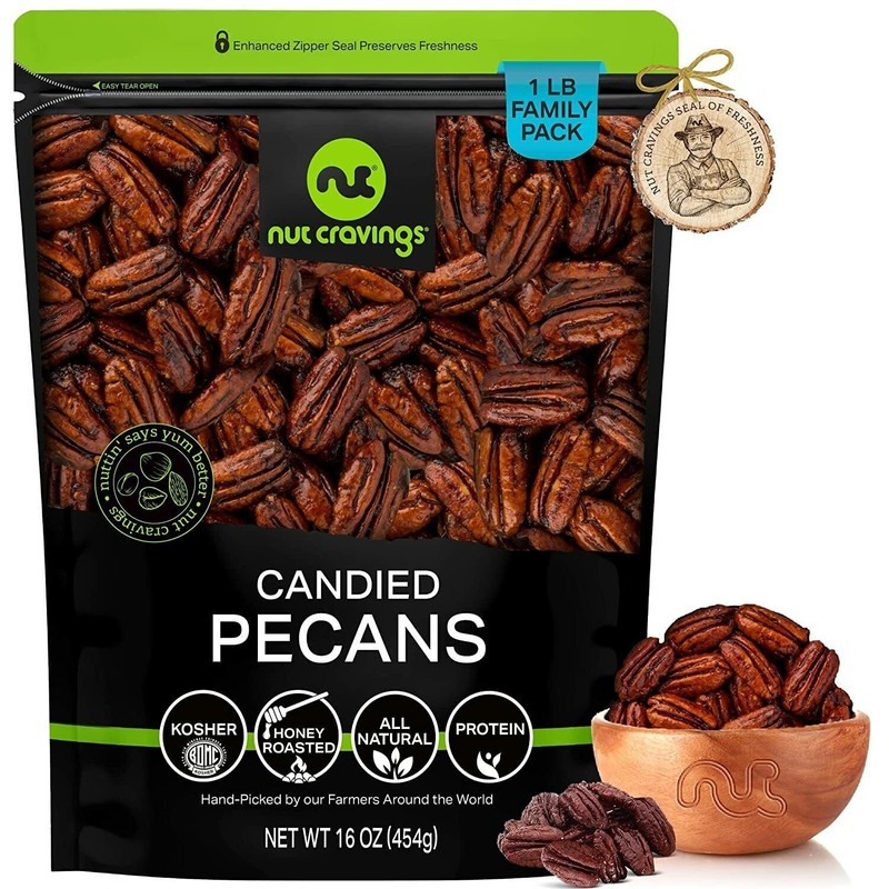 Candied Pecans Honey Glazed Praline, No Shell, Premium All Natural Kosher