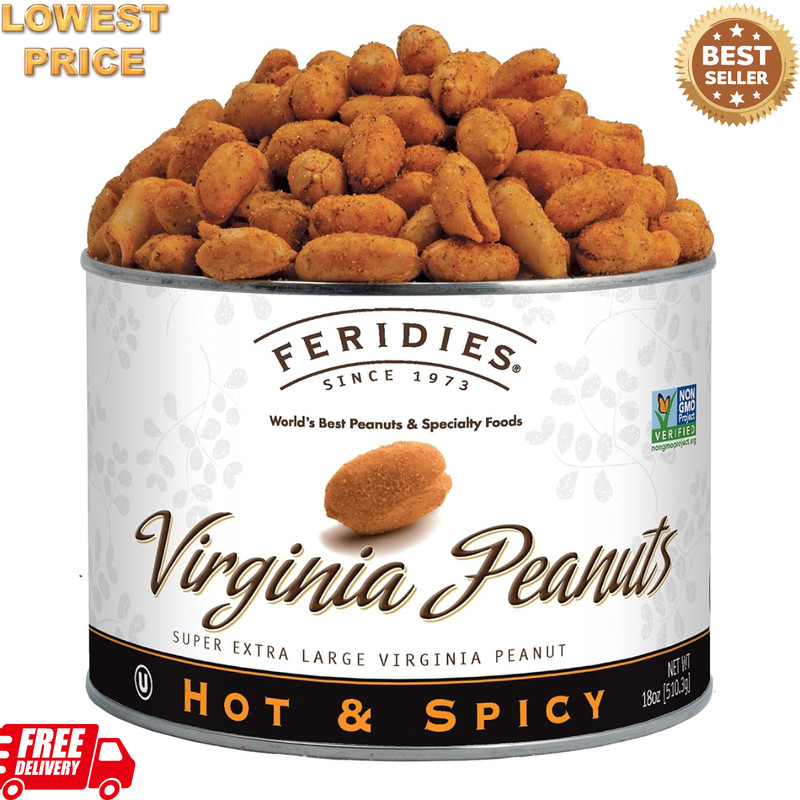 FERIDIES Super Extra Large Hot & Spicy Virginia Peanuts 18oz Can Free ship