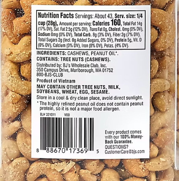 Whole Fancy Salted Roasted Whole Cashews 42 oz Wellsley Farms Made in USA gallery