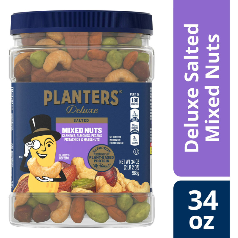 2pk PLANTERS Deluxe Salted Mixed Nuts, Party Snacks, Plant Based Protein, 34 oz gallery