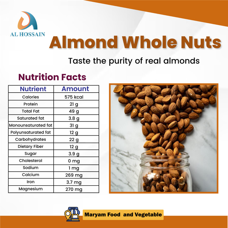 Al Hossain Natural Raw Almonds 8.81 oz | Whole Almond Nuts for Snacking, Baking gallery