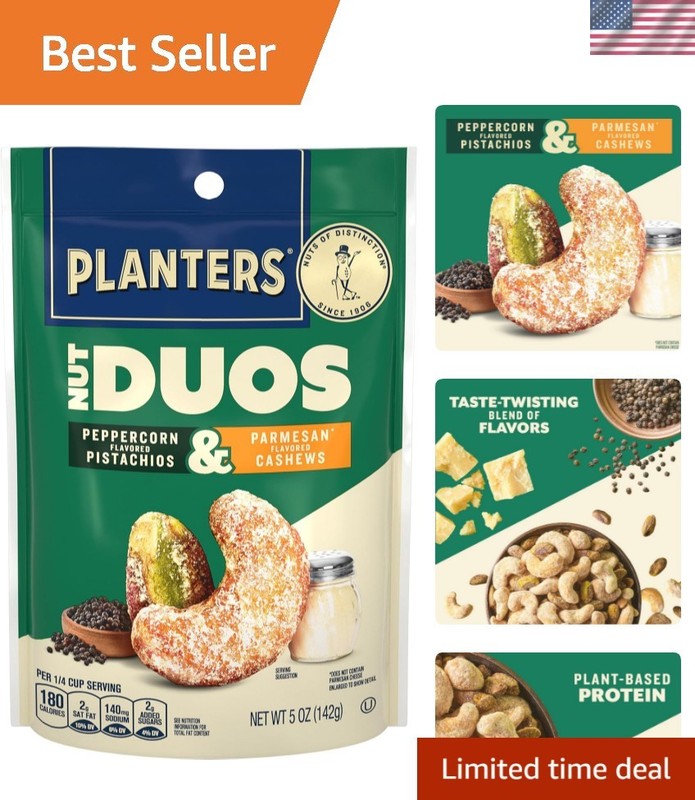 Nut Duos: Flavored Peppercorn Pistachios & Parmesan Cashews 5oz Resealable Pack