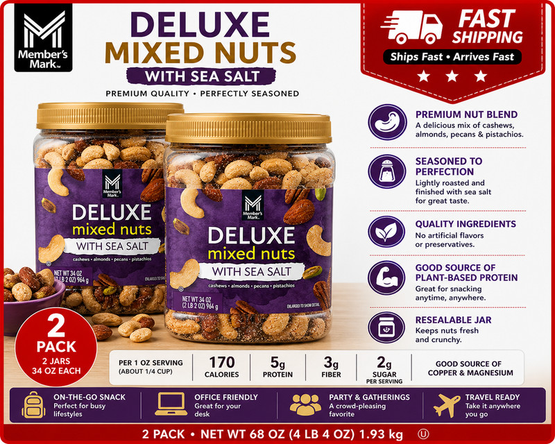 2PACK Member's Mark De Luxe Mixed Nuts with Sea Salt 34 Oz