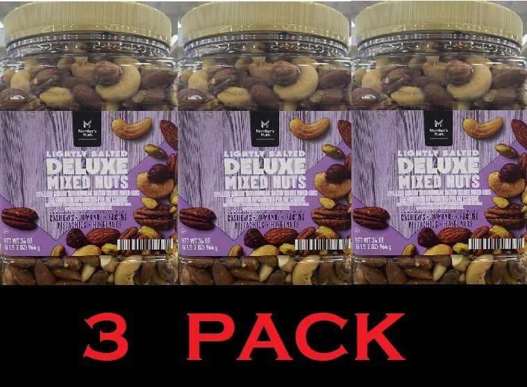 Member's Mark Lightly Salted DELUXE MIXED NUTS 34 oz Tub PECANS ALMONDS - 3 PACK