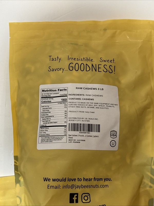Jaybee’s Raw Deluxe Cashews Unsalted 6 Pound – Best By 11/17/2026 gallery