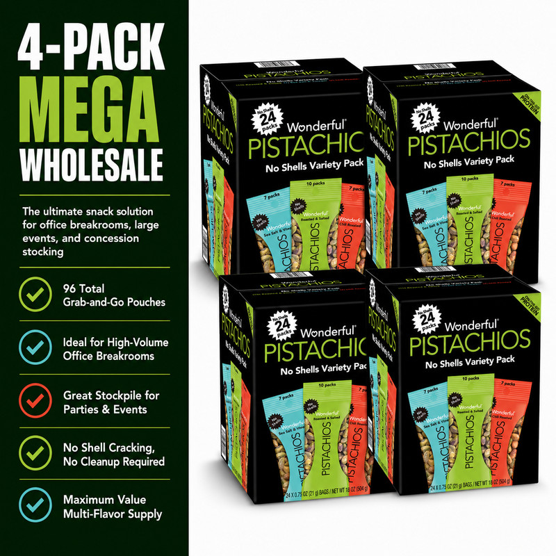 4 Pack Wonderful Pistachios, No Shell, Variety Pack, .75 oz, 24-count