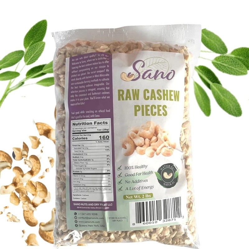 Sano Organic Raw Cashew Pieces, 2 lbs. Ethically Sourced West Africa No Additive