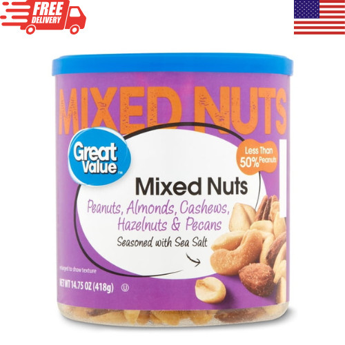 Great Value Roasted Salted Mixed Nuts 14.75 oz Almond Cashew Peanut Snack Tin