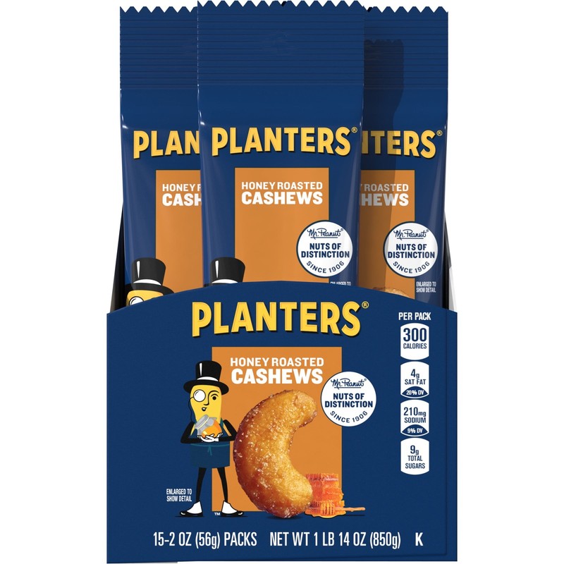 Deluxe Honey Roasted Whole Cashews Plant Based Protein 2 oz Bags pack of 15)