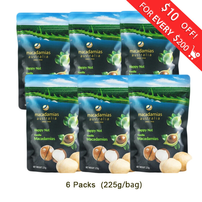 6 x Macadamias Australia Happy Nut Vanilla Nut 225g with shell FREE SHIPPING