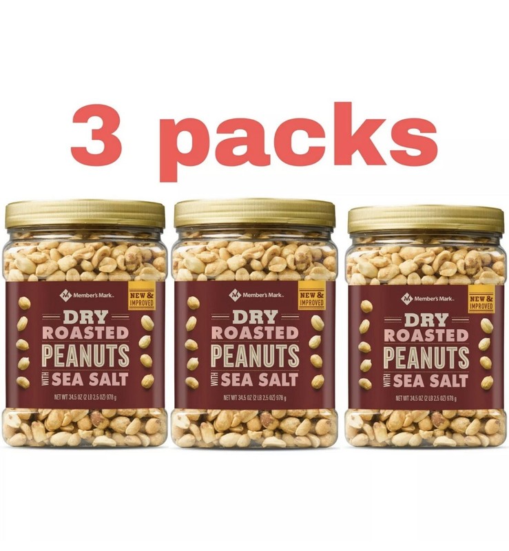3 Packs - Member's Mark Dry Roasted Peanuts with Sea Salt 34.5 oz Total 103.5 oz