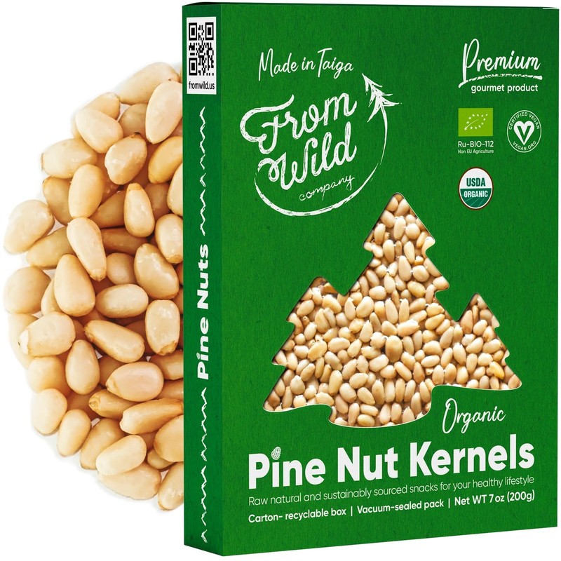 FROM WILD Fresh Organic Pine Nuts 7oz Certified Vegan Unsalted Green