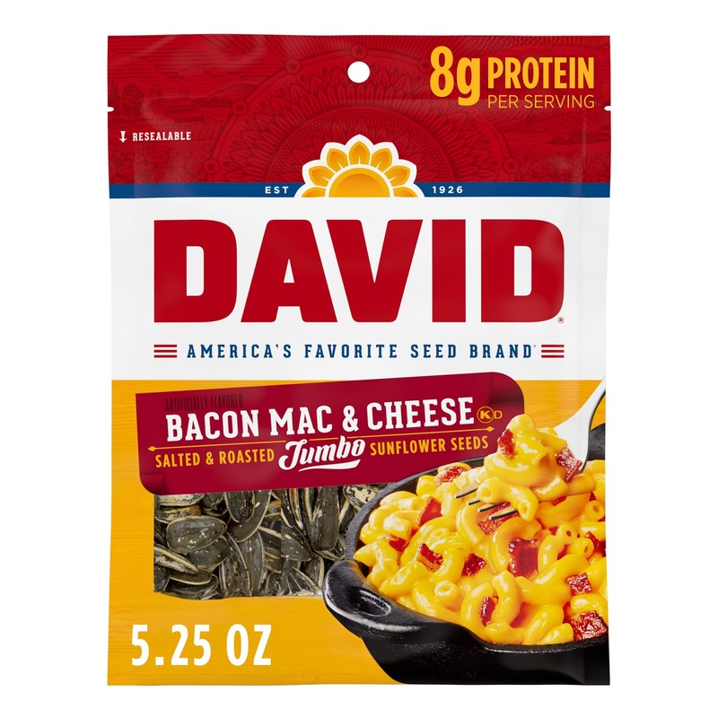 DAVID Seeds Bacon Mac and Cheese Flavored Salted and Roasted Jumbo Sunflower See
