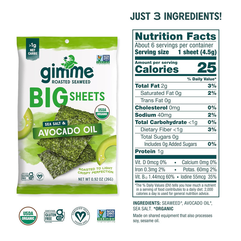 Gimme Seaweed Roasted Seaweed Big Sheets, Sea Salt Avocado Oil, 0.92oz, 10 Pack gallery
