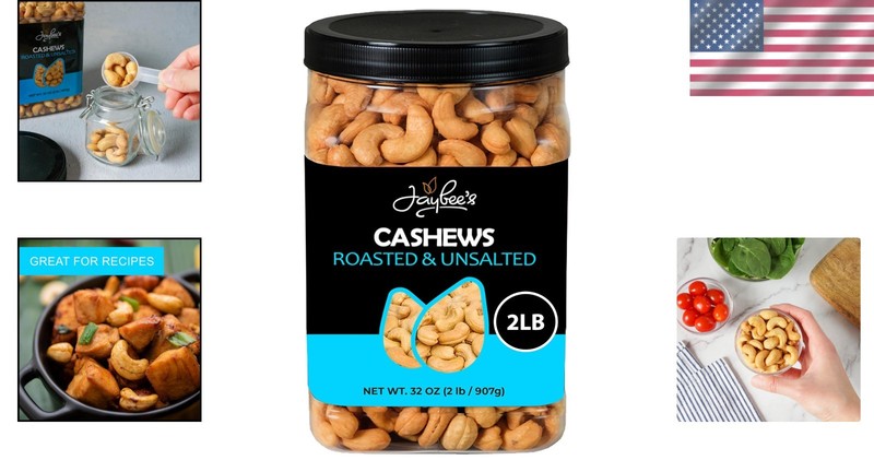 Jaybee's 32 oz Bulk Roasted Unsalted Cashews – Perfect for Gift Giving & Diets gallery