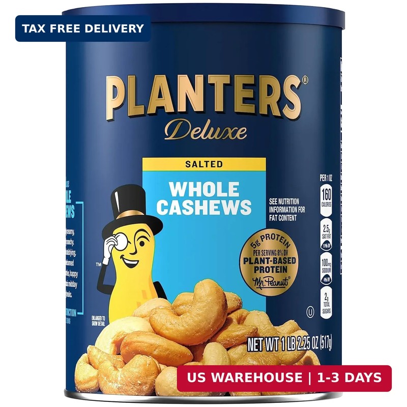 PLANTERS Deluxe Salted Whole Cashews, Party Snacks, Plant-Based Protein, Quick S