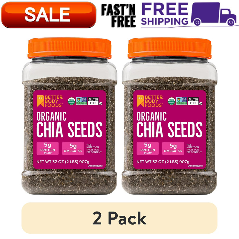 (2 Pack) BetterBody Foods Organic Chia Seeds High Fiber 2.0 lb, 30 Servings