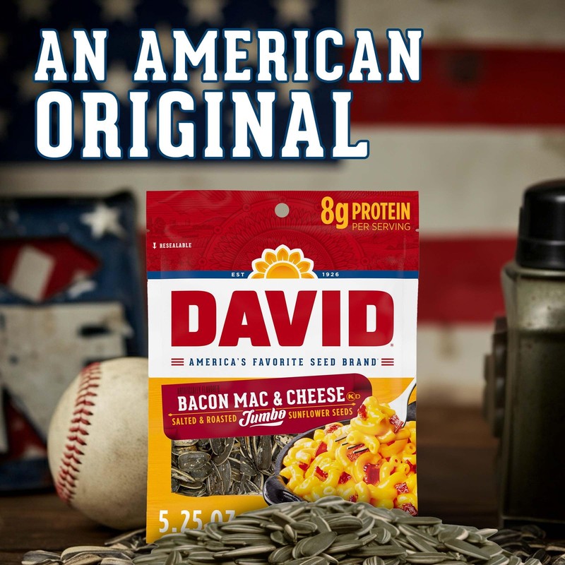 DAVID Seeds Bacon Mac and Cheese Flavored Salted and Roasted Jumbo Sunflower See gallery