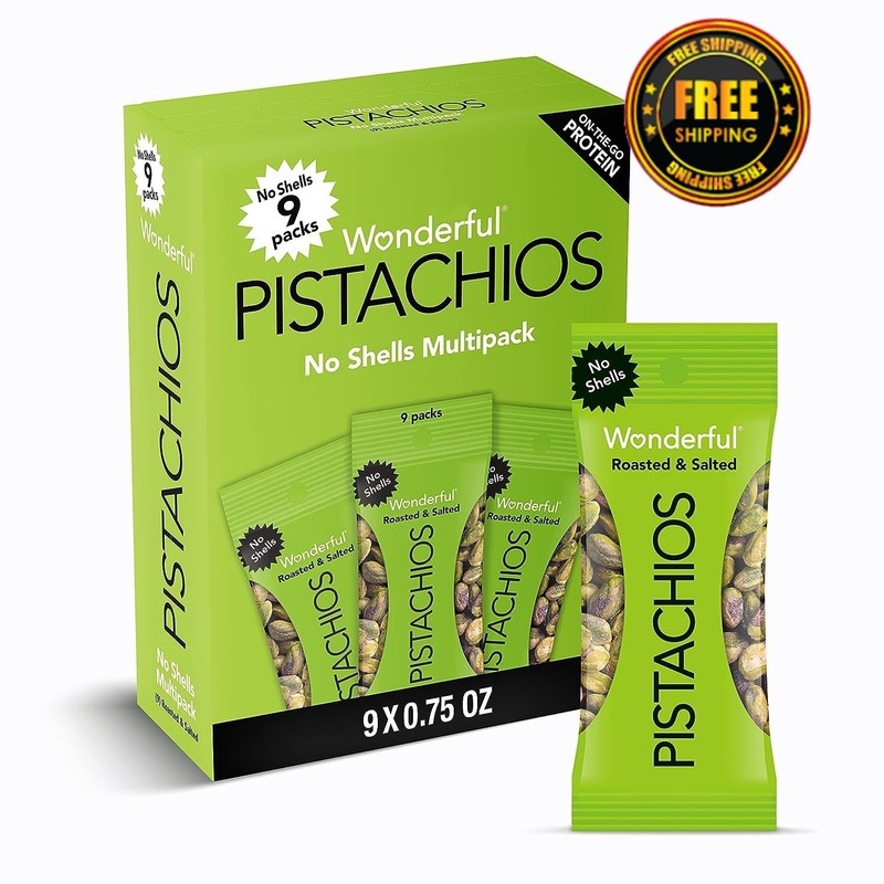 Wonderful Pistachios, Roasted & Salted, No Shells – 0.75 oz (Pack of 9)