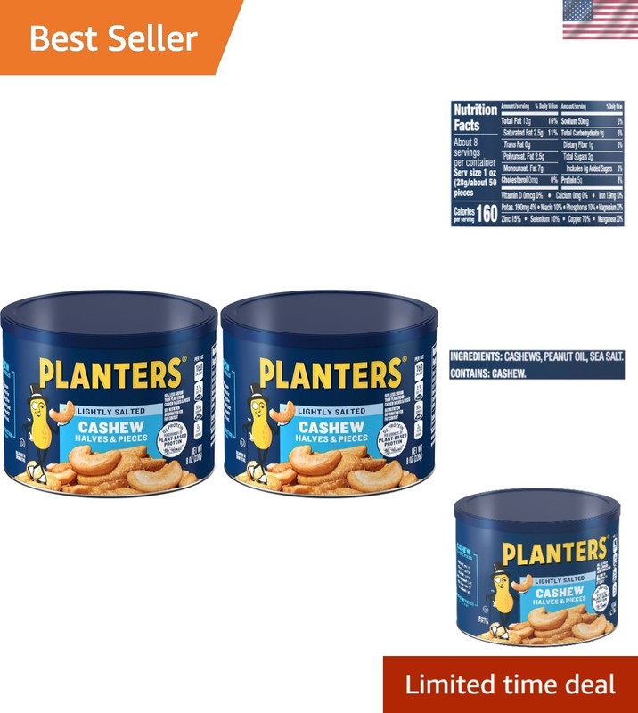 Two 8 Oz Canisters of Lightly Salted Roasted Cashew Halves – Perfect Party Snack